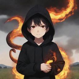 Anime little boy with fiery eyes, clad in a black hoodie, holding a snake made of fire in a field ablaze.