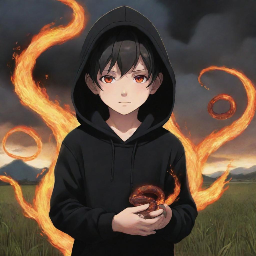 Anime little boy with fiery eyes, clad in a black hoodie, holding a snake made of fire in a field ablaze.