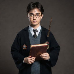 Harry Potter, with classic Asian features, wearing his Hogwarts uniform, glasses, and carrying his magical wand in one hand and a spell book in the other.