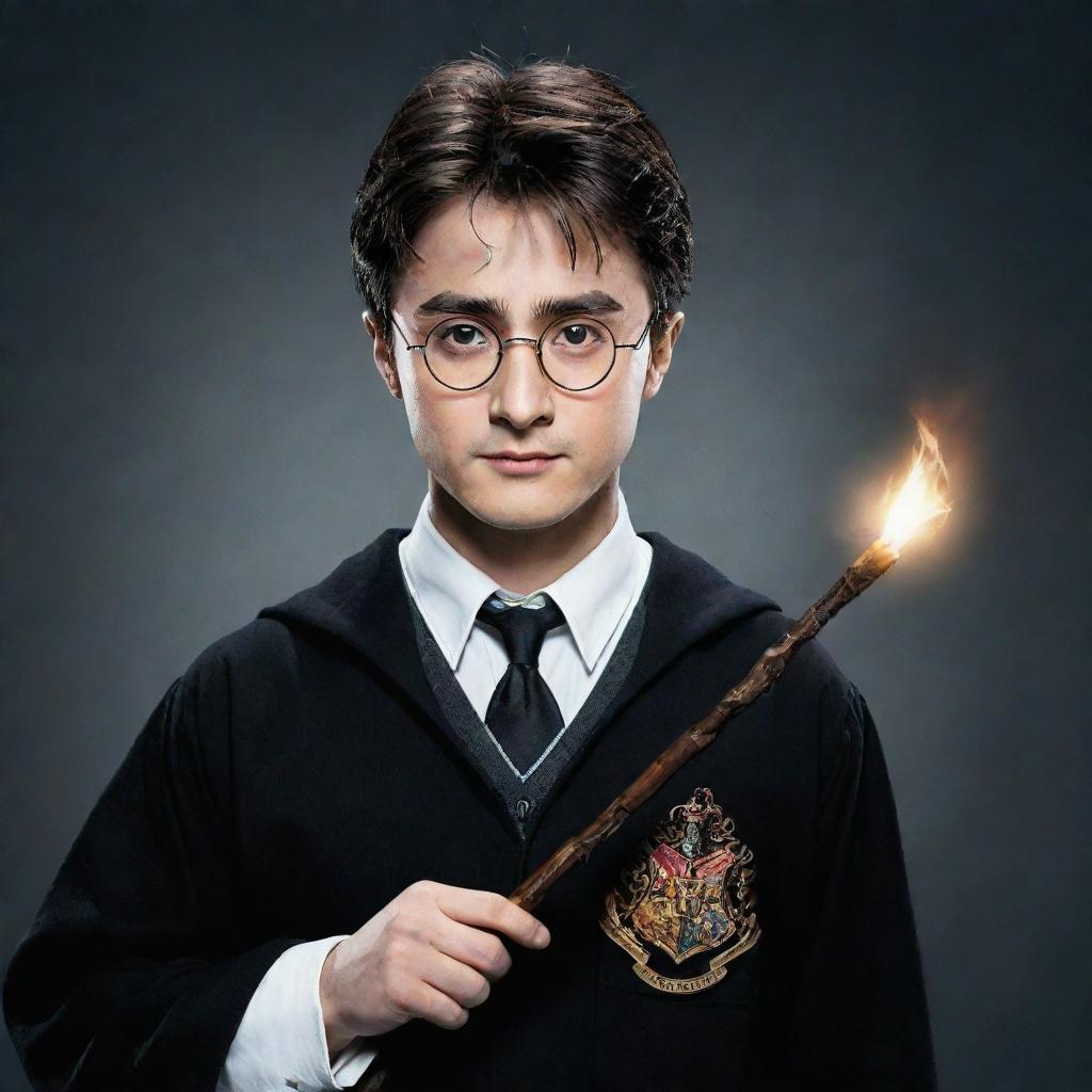 Harry Potter, with classic Asian features, wearing his Hogwarts uniform, glasses, and carrying his magical wand in one hand and a spell book in the other.