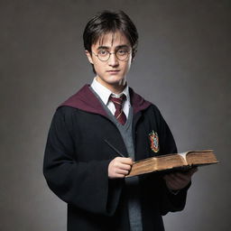 Harry Potter, with classic Asian features, wearing his Hogwarts uniform, glasses, and carrying his magical wand in one hand and a spell book in the other.