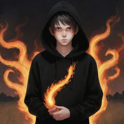 Anime style young boy with flaming eyes, dressed in a black hoodie. He is holding a serpent made of fire, standing in a field ablaze with fire.