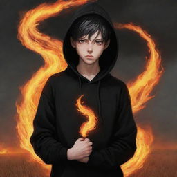 Anime style young boy with flaming eyes, dressed in a black hoodie. He is holding a serpent made of fire, standing in a field ablaze with fire.