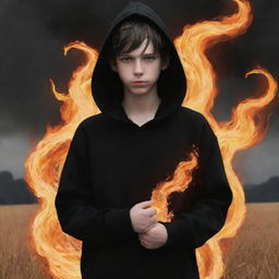 Anime style young boy with flaming eyes, dressed in a black hoodie. He is holding a serpent made of fire, standing in a field ablaze with fire.