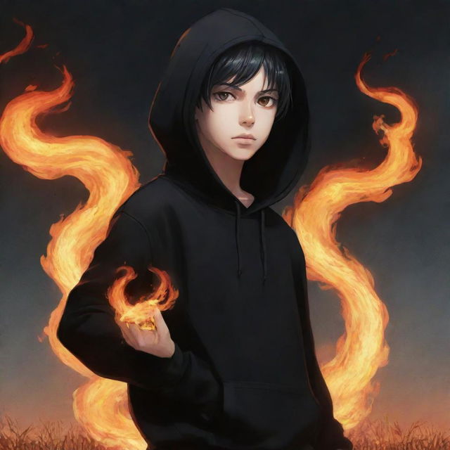 Anime style young boy with flaming eyes, dressed in a black hoodie. He is holding a serpent made of fire, standing in a field ablaze with fire.