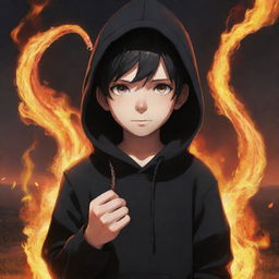 Anime little boy with eyes ablaze, dressed in a black hoodie, clutching a snake made of fire, amidst a flaming field.