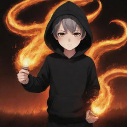 Anime little boy with eyes ablaze, dressed in a black hoodie, clutching a snake made of fire, amidst a flaming field.