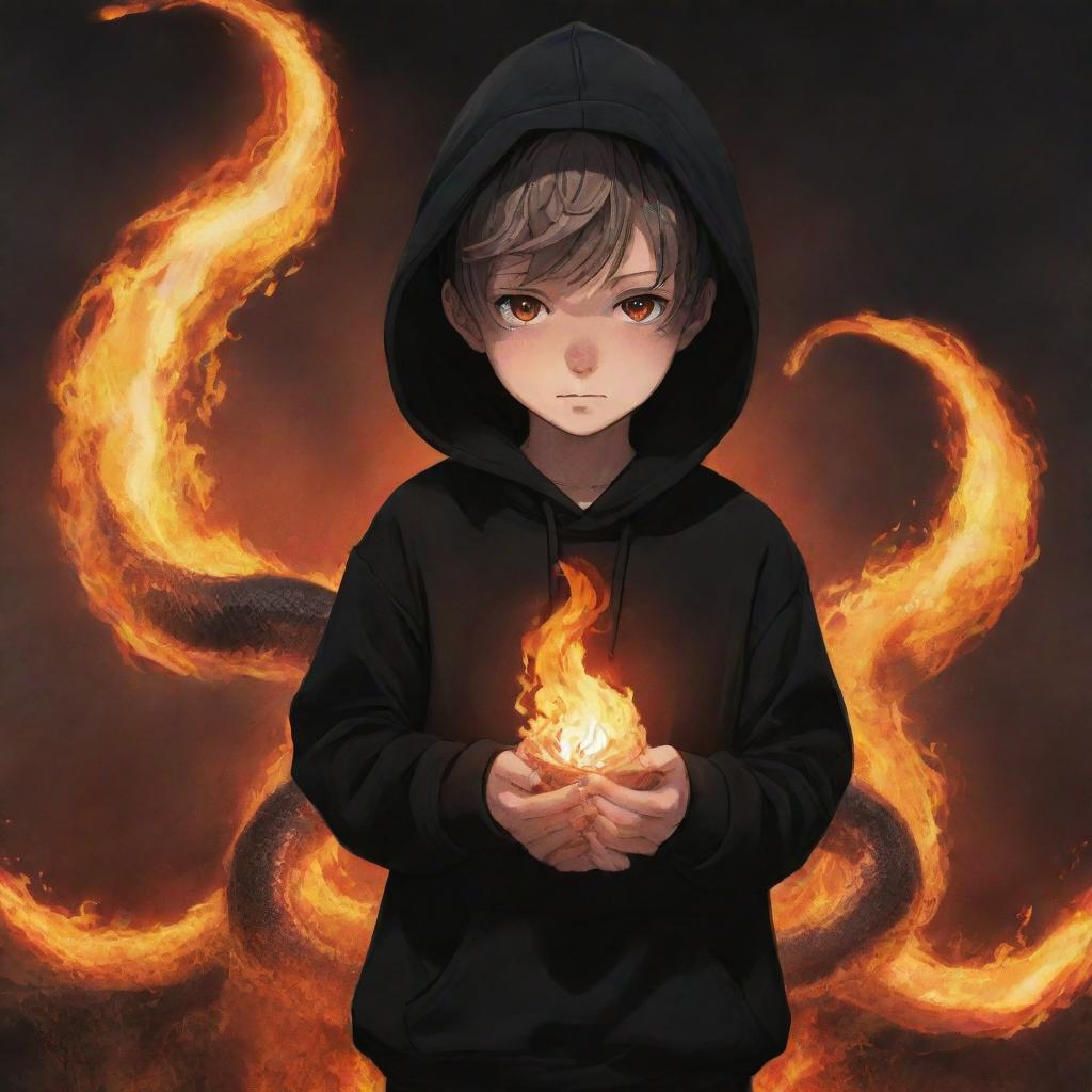 Anime little boy with eyes ablaze, dressed in a black hoodie, clutching a snake made of fire, amidst a flaming field.