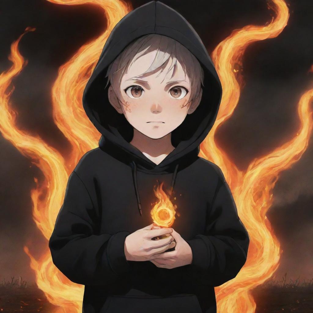 Anime little boy with eyes ablaze, dressed in a black hoodie, clutching a snake made of fire, amidst a flaming field.