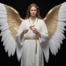 Bladd portrayed as an angel, with luminous wings, a serene expression showing tranquility, dressed in a celestial robe, and holding a golden staff.