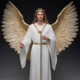 Bladd portrayed as an angel, with luminous wings, a serene expression showing tranquility, dressed in a celestial robe, and holding a golden staff.