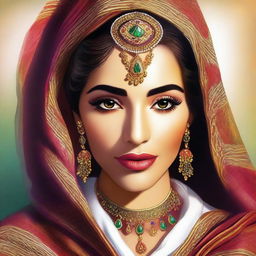 A digital art image of a beautiful Arabic woman with warm, inviting eyes