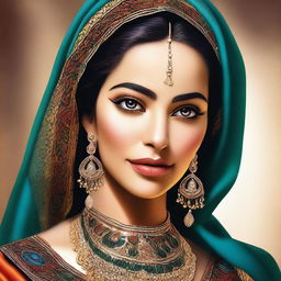 A digital art image of a beautiful Arabic woman with warm, inviting eyes