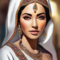 A digital art image of a beautiful Arabic woman with warm, inviting eyes