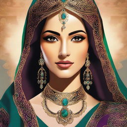A digital art image of a beautiful Arabic woman with warm, inviting eyes