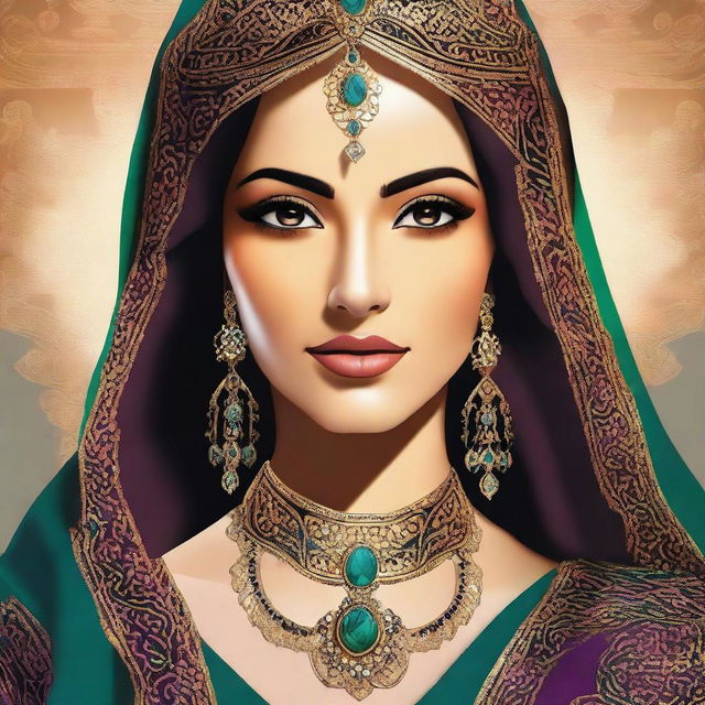 A digital art image of a beautiful Arabic woman with warm, inviting eyes