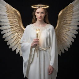 Bladd portrayed as an angel, with luminous wings, a serene expression showing tranquility, dressed in a celestial robe, and holding a golden staff.