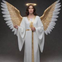 Bladd portrayed as an angel, with luminous wings, a serene expression showing tranquility, dressed in a celestial robe, and holding a golden staff.