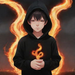 Anime little boy with fiery eyes, wearing a black hoodie, holding a flaming snake in a field engulfed in fire.