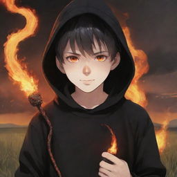 Anime little boy with fiery eyes, wearing a black hoodie, holding a flaming snake in a field engulfed in fire.