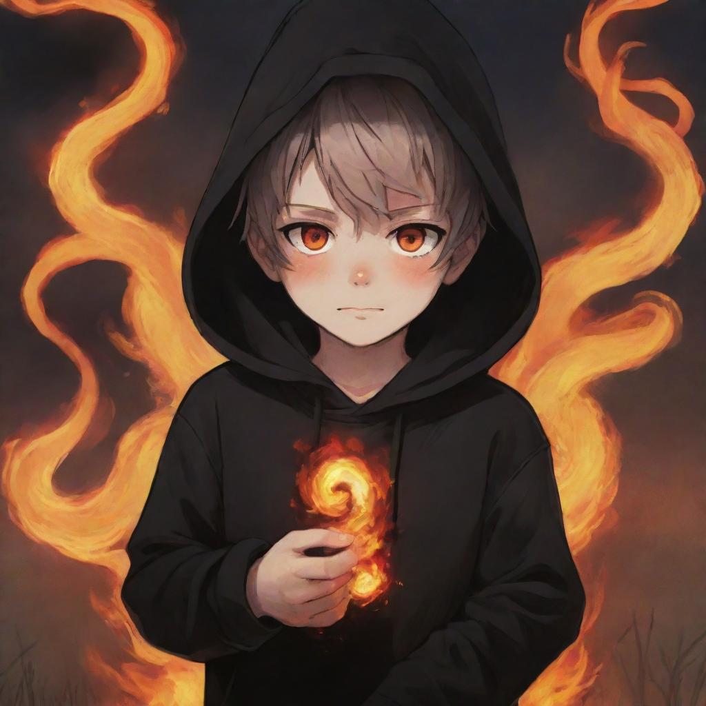 Anime little boy with fiery eyes, wearing a black hoodie, holding a flaming snake in a field engulfed in fire.