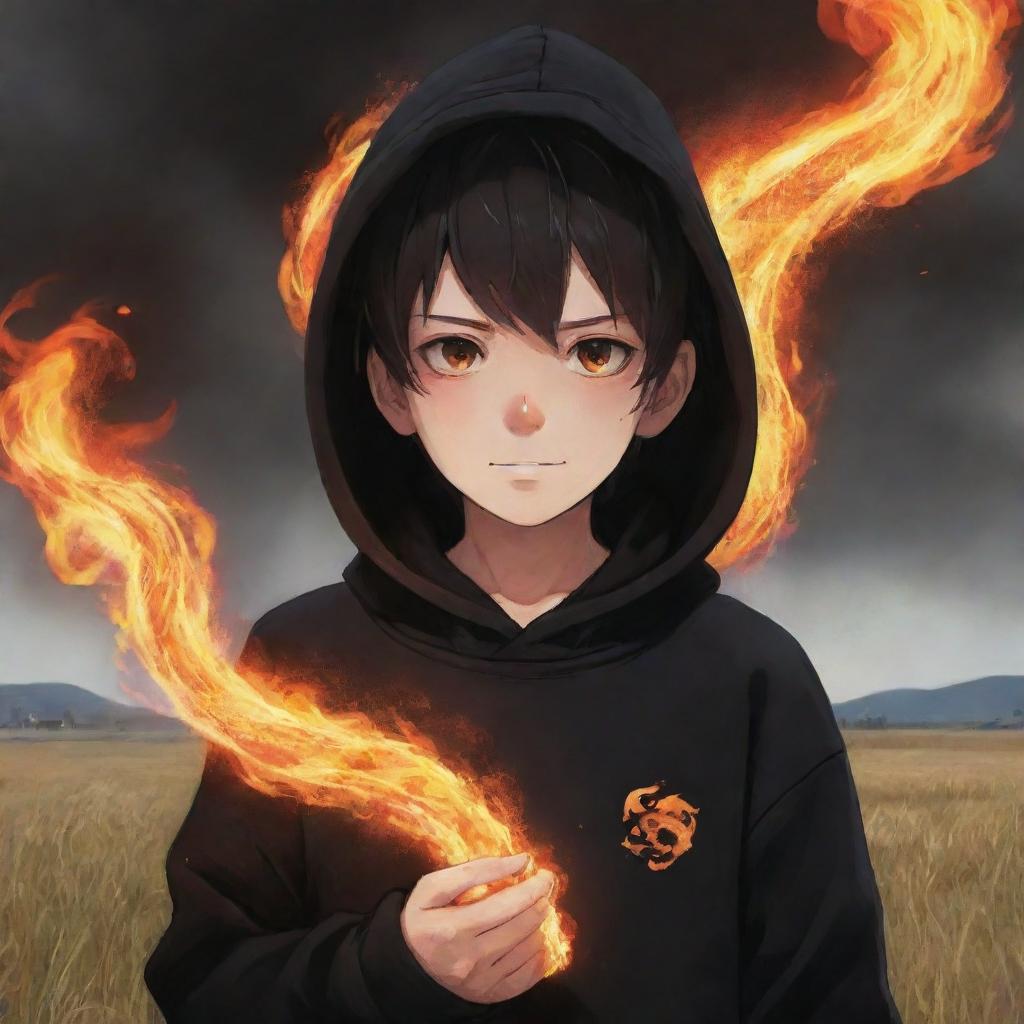 Anime little boy with fiery eyes, wearing a black hoodie, holding a flaming snake in a field engulfed in fire.