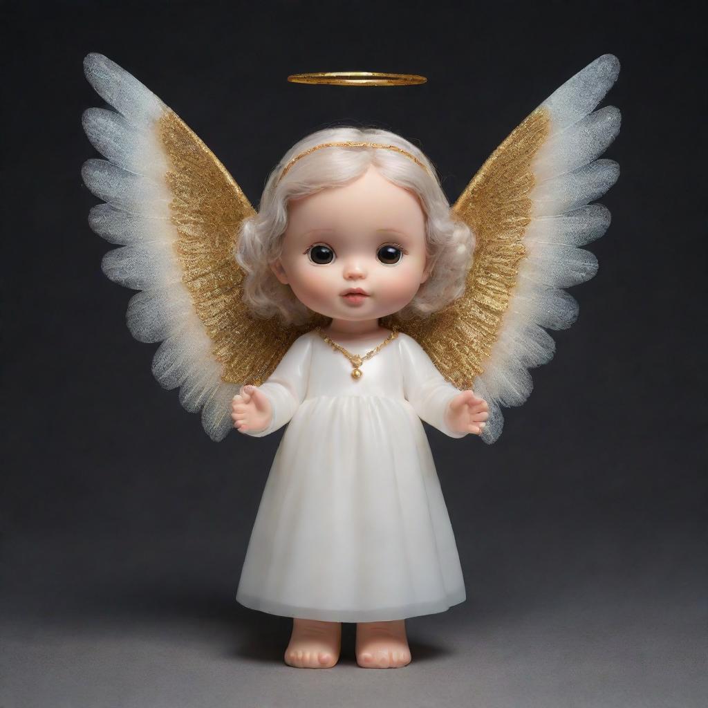 A human bladder turned adorable character portrayed as an angel, complete with glowing wings, a soft halo, and holding a golden harp.