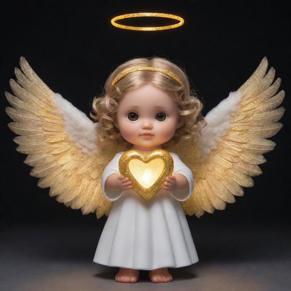 A human bladder turned adorable character portrayed as an angel, complete with glowing wings, a soft halo, and holding a golden harp.