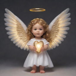 A human bladder turned adorable character portrayed as an angel, complete with glowing wings, a soft halo, and holding a golden harp.