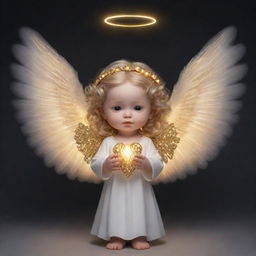 A human bladder turned adorable character portrayed as an angel, complete with glowing wings, a soft halo, and holding a golden harp.