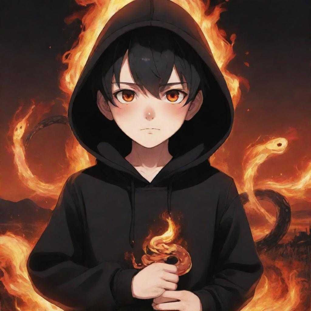 Anime little boy with fire-like eyes in a black hoodie, holding a snake made of blazing flames, standing in a fiery field.