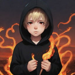 Anime little boy with fire-like eyes in a black hoodie, holding a snake made of blazing flames, standing in a fiery field.