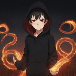 Anime little boy with fire-like eyes in a black hoodie, holding a snake made of blazing flames, standing in a fiery field.