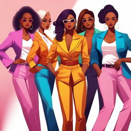 A digital art image showcasing a group of stylish and attractive female characters