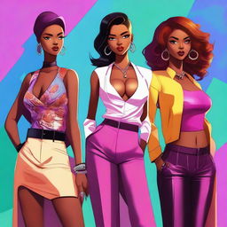 A digital art image showcasing a group of stylish and attractive female characters