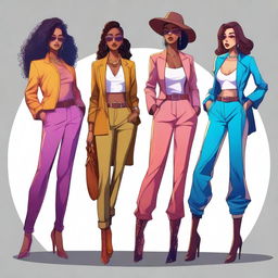 A digital art image showcasing a group of stylish and attractive female characters