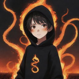 Anime little boy with fire-like eyes in a black hoodie, holding a snake made of blazing flames, standing in a fiery field.