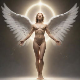 A depiction of the human anatomical bladder personified as an angel, with soft glowing wings, a surrounding halo, and a heavenly staff in its possession.