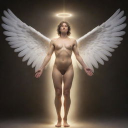 A depiction of the human anatomical bladder personified as an angel, with soft glowing wings, a surrounding halo, and a heavenly staff in its possession.