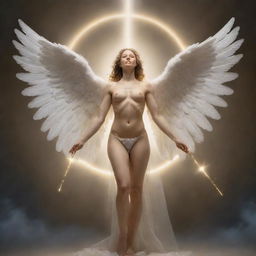 A depiction of the human anatomical bladder personified as an angel, with soft glowing wings, a surrounding halo, and a heavenly staff in its possession.