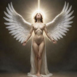 A depiction of the human anatomical bladder personified as an angel, with soft glowing wings, a surrounding halo, and a heavenly staff in its possession.