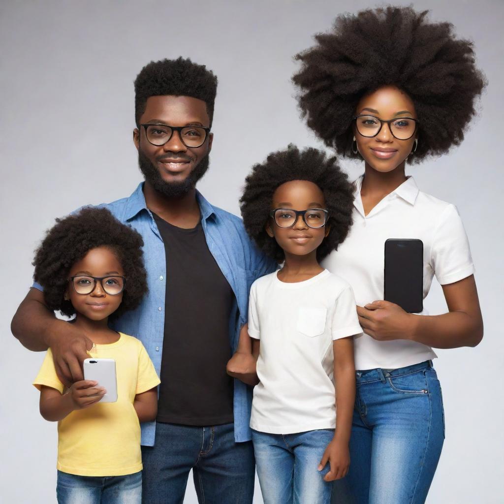 Refine the image to portray a Nigerian family in anime style: The eldest is a bearded programmer in jeans and a milk-colored shirt. The 2nd sibling is an Afro-clad tech enthusiast in all-black attire, shades, holding an iPhone. The 3rd sibling is a plump girl, a medical doctor, holding the youngest. The 4th sibling is a stylish programmer in all-black attire with slightly big hair. The 5th is a tall programmer in black and white outfit with headphones. Finally, the 6th is a boy.