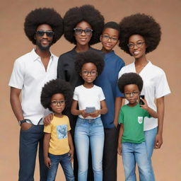 Refine the image to portray a Nigerian family in anime style: The eldest is a bearded programmer in jeans and a milk-colored shirt. The 2nd sibling is an Afro-clad tech enthusiast in all-black attire, shades, holding an iPhone. The 3rd sibling is a plump girl, a medical doctor, holding the youngest. The 4th sibling is a stylish programmer in all-black attire with slightly big hair. The 5th is a tall programmer in black and white outfit with headphones. Finally, the 6th is a boy.