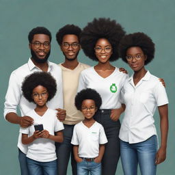 Refine the image to portray a Nigerian family in anime style: The eldest is a bearded programmer in jeans and a milk-colored shirt. The 2nd sibling is an Afro-clad tech enthusiast in all-black attire, shades, holding an iPhone. The 3rd sibling is a plump girl, a medical doctor, holding the youngest. The 4th sibling is a stylish programmer in all-black attire with slightly big hair. The 5th is a tall programmer in black and white outfit with headphones. Finally, the 6th is a boy.