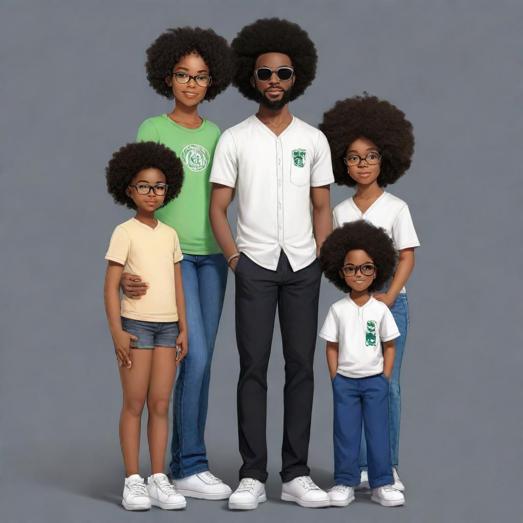 Refine the image to portray a Nigerian family in anime style: The eldest is a bearded programmer in jeans and a milk-colored shirt. The 2nd sibling is an Afro-clad tech enthusiast in all-black attire, shades, holding an iPhone. The 3rd sibling is a plump girl, a medical doctor, holding the youngest. The 4th sibling is a stylish programmer in all-black attire with slightly big hair. The 5th is a tall programmer in black and white outfit with headphones. Finally, the 6th is a boy.