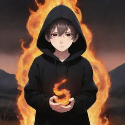 Small anime boy with fiery eyes, clad in a black hoodie, holding a flaming snake in a field engulfed in fire.