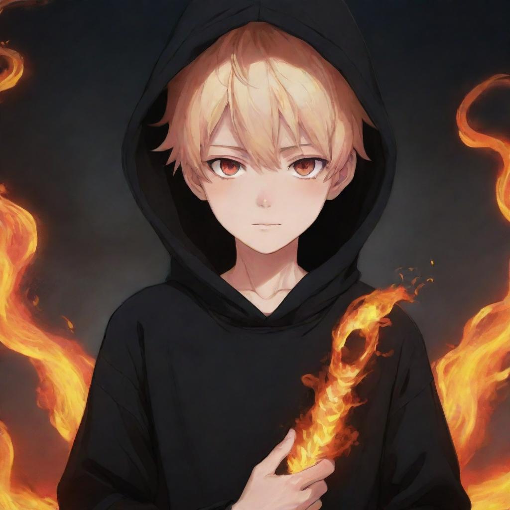 Small anime boy with fiery eyes, clad in a black hoodie, holding a flaming snake in a field engulfed in fire.