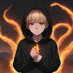 Small anime boy with fiery eyes, clad in a black hoodie, holding a flaming snake in a field engulfed in fire.