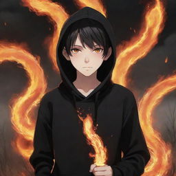 Small anime boy with fiery eyes, clad in a black hoodie, holding a flaming snake in a field engulfed in fire.