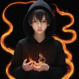 Anime-style young boy wearing a black hoodie, holding a snake made of vibrant glowing flames.